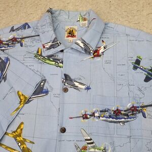 Vintage Max Boxxer Hawaiian Shirt Mens XL World War 2 Planes Blue Short Sleeve